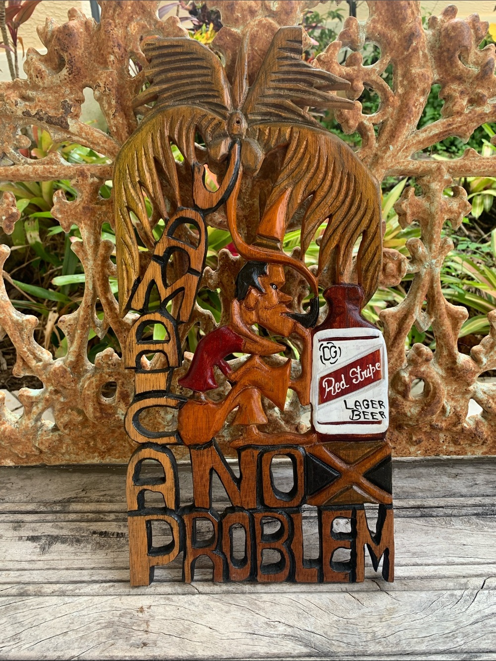 Wood Carving Jamaica "No Worry No Problem" with Vintage Red Stripe Beer